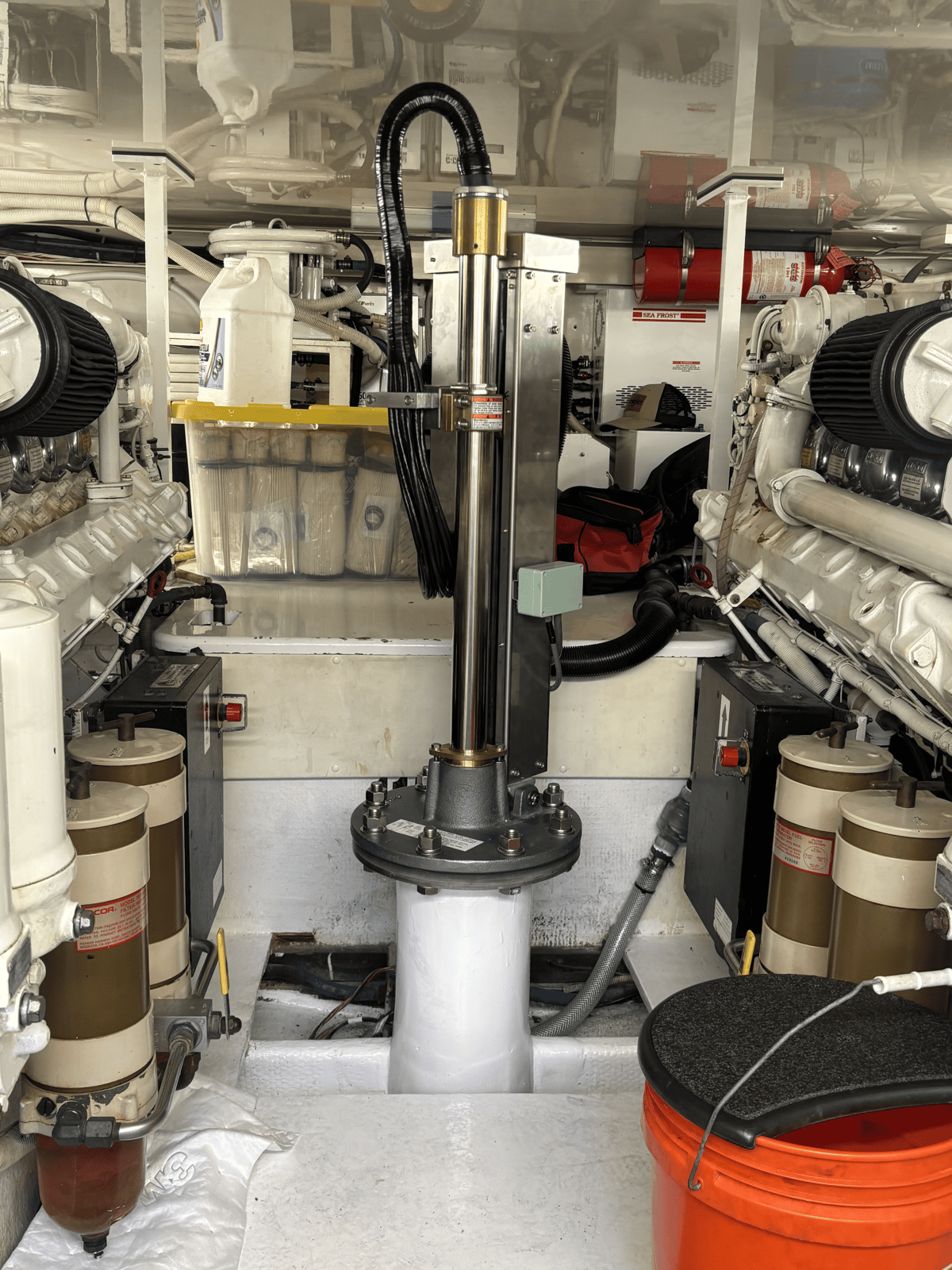 Engine room aboard the Restless Lady — twin MAN 1300HP diesels