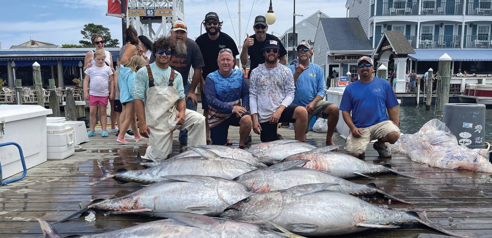 Group of fishermen with catches